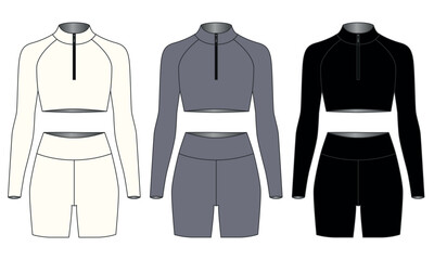 Set of fashionable cycling shorts and cropped top with zipper and long sleeves, black, gray, white. Sportswear design for women. Outfit for yoga, Pilates, fitness, gym, running, cycling, leisure. © Iryna
