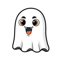 Cute happy ghost with big orange eyes and sharp teeth