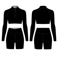 Sketch of a fashionable black cycling jersey and long-sleeved crop top with zipper, front and back view. Sportswear design for women. Outfit for yoga, Pilates, fitness, gym, running, cycling, leisure