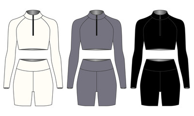 Set of fashionable cycling shorts and cropped top with zipper and long sleeves, black, gray, white. Sportswear design for women. Outfit for yoga, Pilates, fitness, gym, running, cycling, leisure.