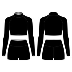 illustration of black cycling shorts and long-sleeved crop top, front and back view. Sportswear design for women. Outfit for yoga, Pilates, fitness, gym, running, cycling, leisure.