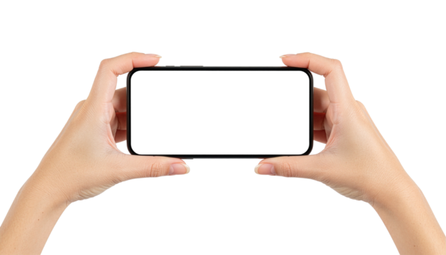 Girls Hands Holding a Blank Horizontal Smartphone Mockup on Transparent Background