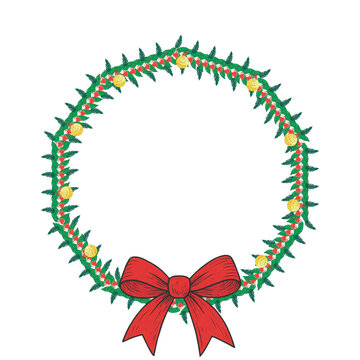 Christmas wreath with red ribbon
Leaves, balls, and Ribben