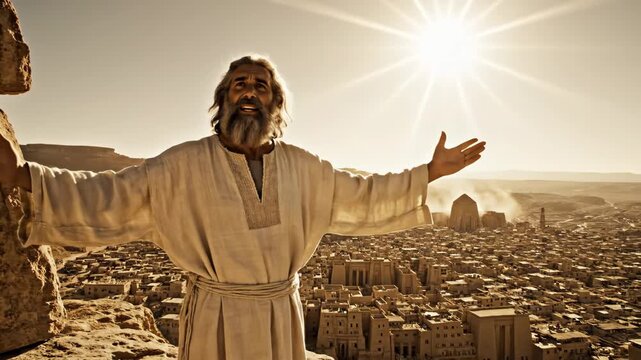 Prophet Preaching Over Ancient City - A man with a beard, presumed to be a prophet, stands on a mountain and gestures towards a sprawling ancient city under a bright sun.