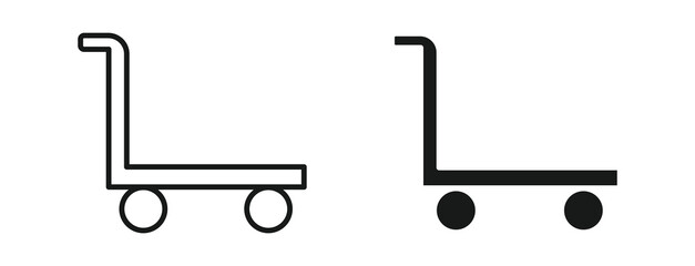 Fototapeta premium Platform dolly icon set in outline and silhouette style, representing material handling, warehouse transport, and moving equipment, vector illustration.