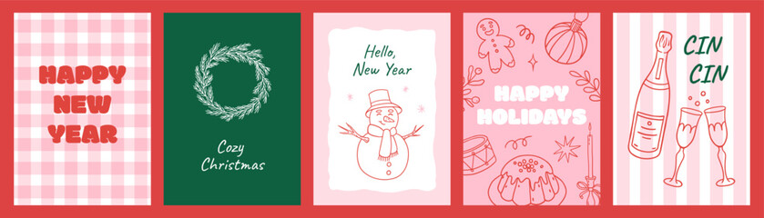 Festive set of Christmas and New Year greeting card with hand-drawn doodle illustrations. Toys, food, drinks, snowman and wreath on vertical backgrounds.