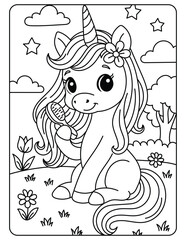Cute Unicorn Brushing Hair in Flower Garden – Kids Coloring Page