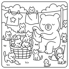 Cute Bear Doing Laundry with Playful Kittens – Kids Coloring Page