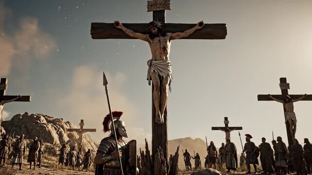 Jesus Crucifixion Biblical Scene - This video depicts Jesus Christ on the cross, surrounded by a crowd of onlookers, and a Roman soldier standing guard with a spear.