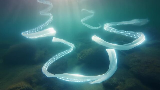 White glowing ribbons with light particles float underwater in sunlit turquoise water floating