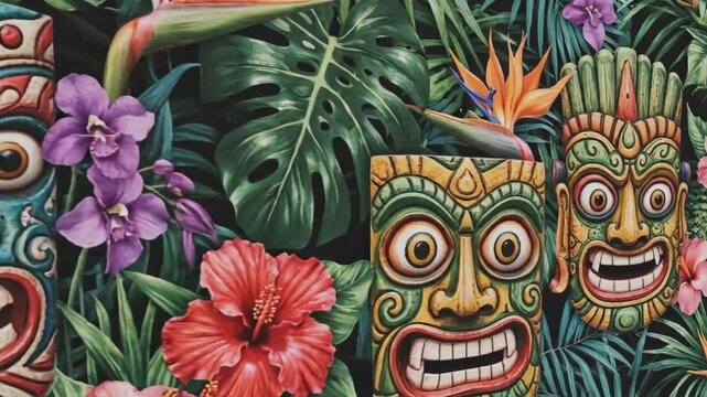 Colorful Tiki Mask Pattern with Tropical Flowers - This vibrant video showcases a seamless pattern of colorful tiki masks interspersed with lush tropical flowers and green foliage.