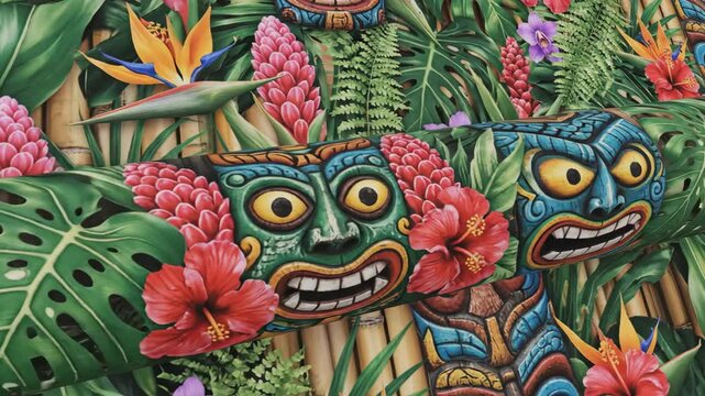 Tropical Tiki Mask Floral Pattern - This seamless pattern features vibrant tropical flowers and lush green foliage surrounding colorful Tiki masks.