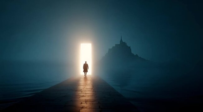 A solitary person at the the threshold of a luminous gateway, with a mysterious, ancient fortress looming in the mist
