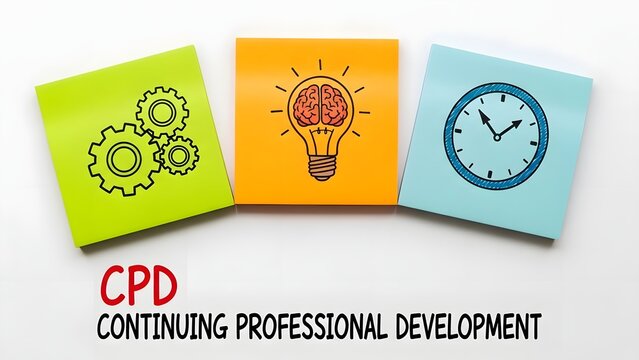 CPD continuing professional development concept with gears, lightbulb, and clock on colorful sticky notes for business growth and learning
