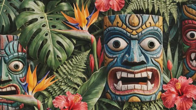 Colorful Tiki Masks and Tropical Floral Pattern - A vibrant pattern featuring colorful tiki masks surrounded by lush tropical foliage.