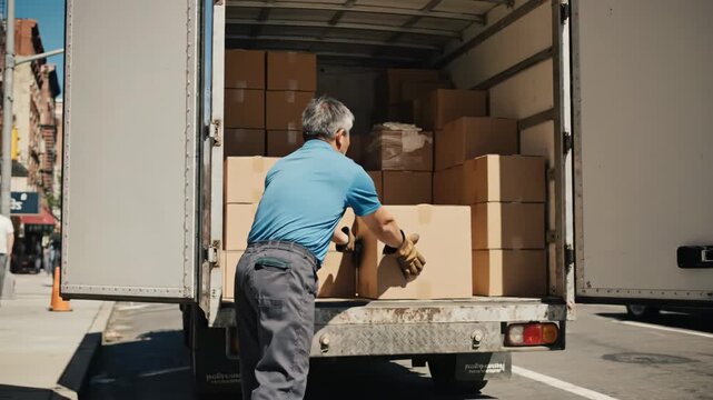 Senior Man Loads Delivery Truck - A senior man in a blue shirt and work pants loads cardboard boxes into the back of a delivery truck on a sunny day.