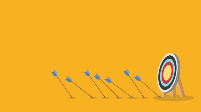 Business challenge failure and success concept. Blue arrows missed hitting target and only red one hits the center.	