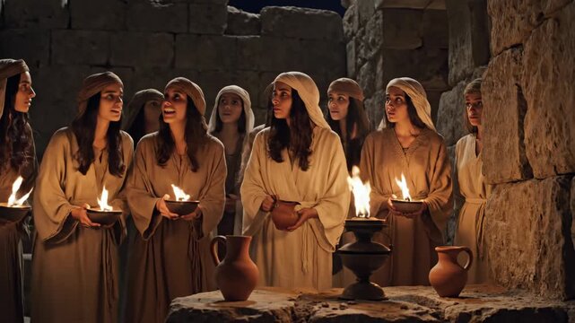 Biblical Parable of the Ten Virgins - Several women dressed in ancient robes hold oil lamps in their hands in a stone building.