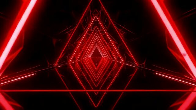 Vibrant red neon triangle tunnel with glowing geometric shapes and reflective surfaces creating a dramatic abstract depth and immersive visual atmosphere