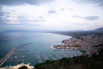 Overhead shot of Castellammare del Golfo at sunset from a Viewpoint, Sicily, Italy