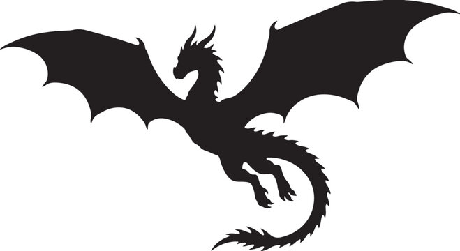black silhouette of dragon flying on white background, vector