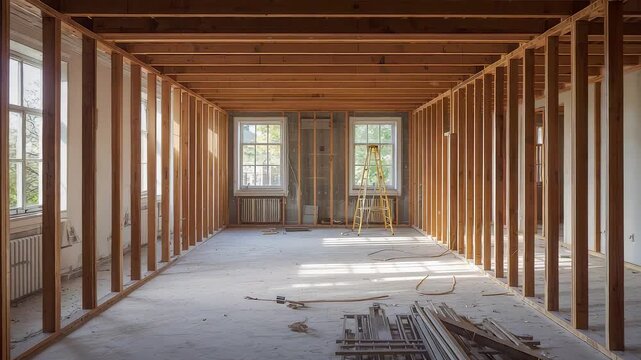 Spacious home renovation interior with exposed wooden studs, open framing, natural daylight, and construction materials scattered across the unfinished floor