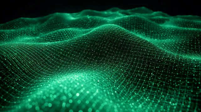 Glowing digital wave surface with shimmering green particles forming an abstract dynamic mesh landscape of flowing motion and high-tech depth