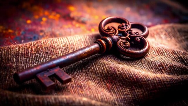 Vintage key on textured surface close up for concepts of access and security
