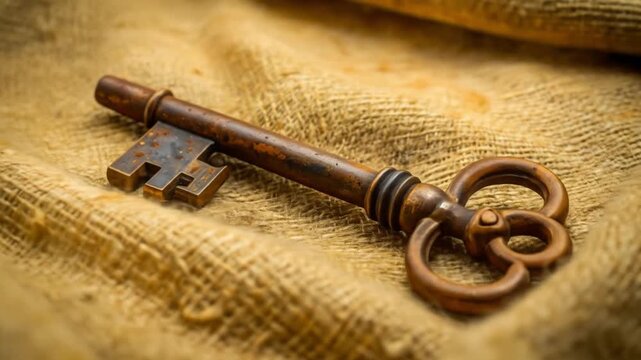 Vintage key on textured fabric historical object and conceptual symbol