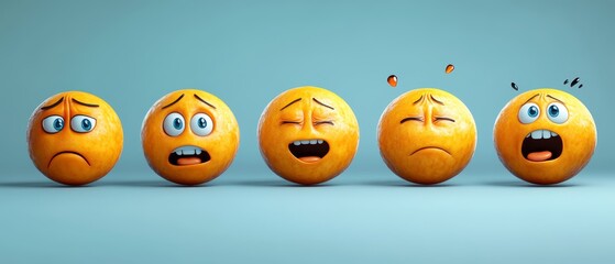 Fototapeta premium Set of Five Orange Emoticons Expressing Different Negative Emotions, Isolated on Blue Background