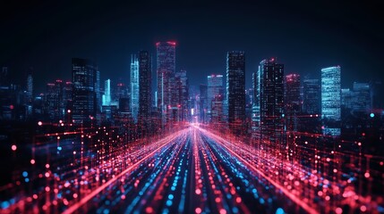 Futuristic Cityscape at Night with Digital Data Streams