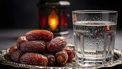 A close-up, dimly lit still life shot of Kurma dates and a clear glass of fresh water on a silver platter, ready for the evening Iftar meal. The background features the soft, warm glow of a traditiona
