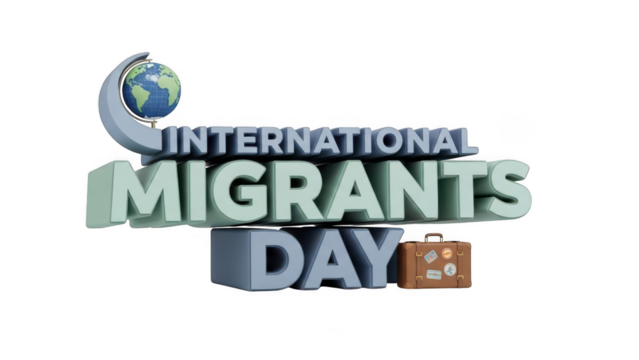 International migrants day 3d text with globe and suitcase isolated on transparent background