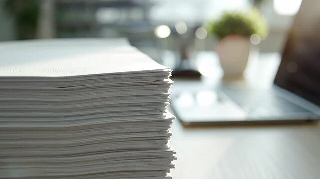 Stack of Printer Paper on Office Desk - A high angle shot shows a large stack of unused white printer paper sitting on a desk in an office setting.