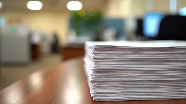 Stack of Paper Sheets in Office - A close-up shot shows a neat stack of unused white printer paper on a wooden table in a blurred office environment.