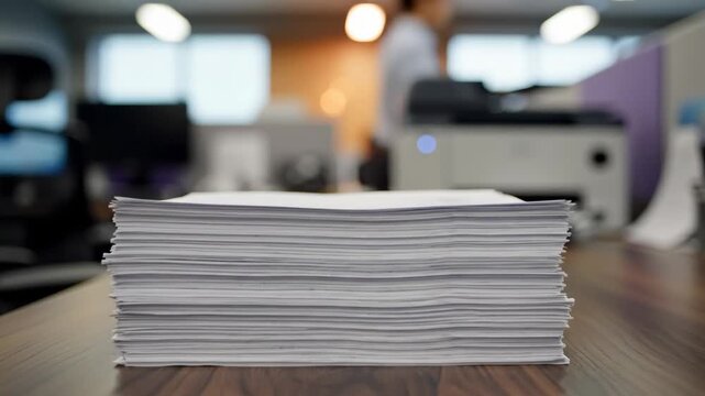 Stack of Paper on Office Desk - A close-up shot features a large stack of unused printer paper on a wooden desk in a busy office. The background is blurred, showing office workers and equipment.