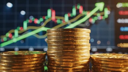 Stacked Coins and Financial Graph - Golden coins are stacked in front of a financial graph, showing investment trends and potential wealth growth. - Powered by Adobe