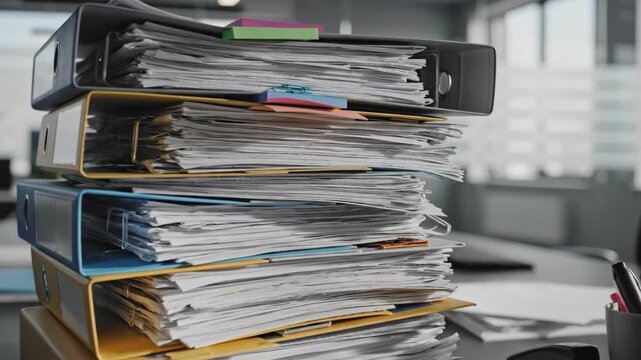 Stacked Documents and Papers in Office - Close-up of a stack of colorful ring binders filled with documents and papers on a desk. The modern office environment in the background is blurred.