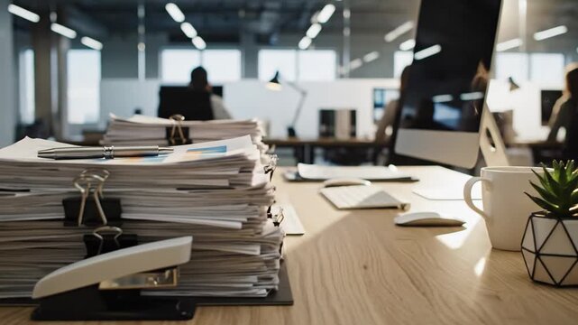 Stacked Documents on Modern Office Desk - Close-up shot of stacked documents and papers secured by binder clips on a wooden desk in a modern office setting.