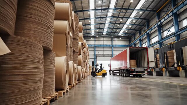 Kraft Paper Rolls in Warehouse - A well-lit warehouse shows a large shipment of brown Kraft paper rolls. A delivery truck is parked at a loading dock, while a forklift is seen moving more rolls.