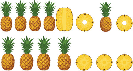Cartoon Pineapple Fruit Collection with Whole Pineapples and Sliced Rings Tropical Colorful Flat Vector Illustration Set