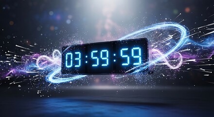 Digital timer displaying 03 59 59 surrounded by glowing light trails and particles