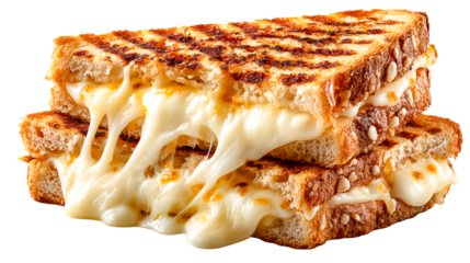 Grilled cheese sandwich melted cheese toasted bread golden crust gooey closeup lunch comfort food snack indulgent with appetizing pull and crisp texture showing melted layers between, isolated