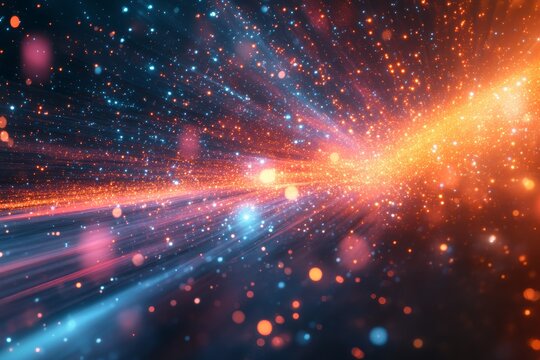 Abstract glowing orange and blue particles in motion, resembling a cosmic nebula or supernova explosion - Powered by Adobe