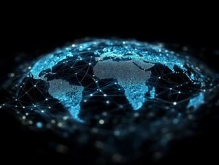 Global Digital Network and Connection Concept, World Map Made of Glowing Dots and Lines on Black Background