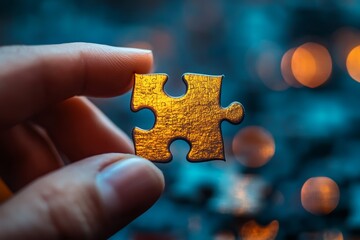 Close-up of a single golden jigsaw puzzle piece held by a fingertip against a blurred background with bokeh lights.