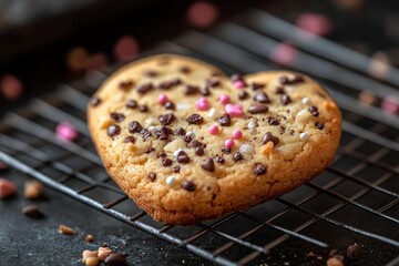 Close-up of a heart-shaped cookie with chocolate chips and colorful sprinkles on a cooling rack.