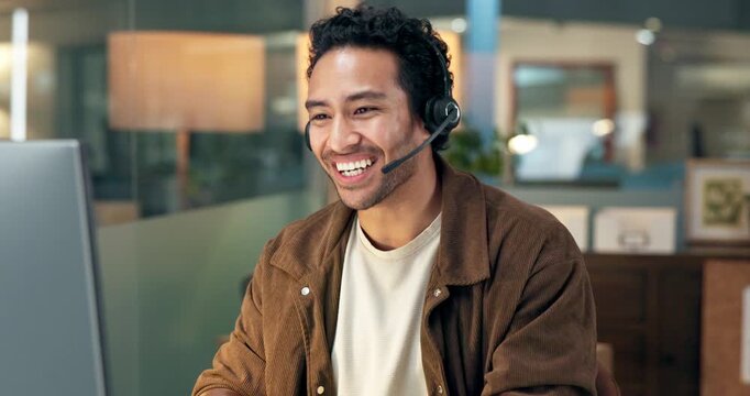 Help desk, contact us and man talk with computer for IT feedback, assistance or advice at night. Tech support, smile and person speaking with technician for troubleshooting in call center on overtime