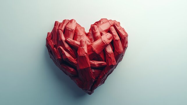Abstract red heart sculpture made of crumpled fabric, symbolizing love, passion, and emotion, on a soft light blue background.
