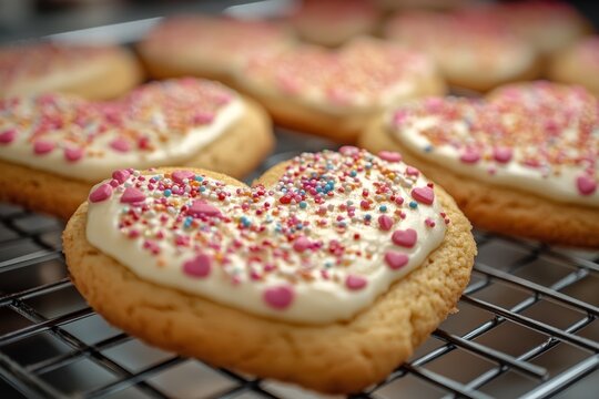Close-up of heart-shaped sugar cookies decorated with white frosting and colorful sprinkles, resting on a cooling rack. - Powered by Adobe
